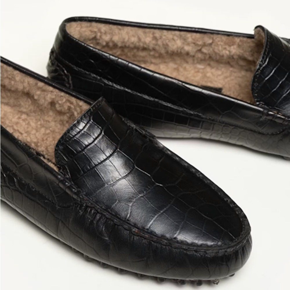 M.Gemi Felize Black Croc Embossed Shearling Lined Driving Loafers Italy 38.5